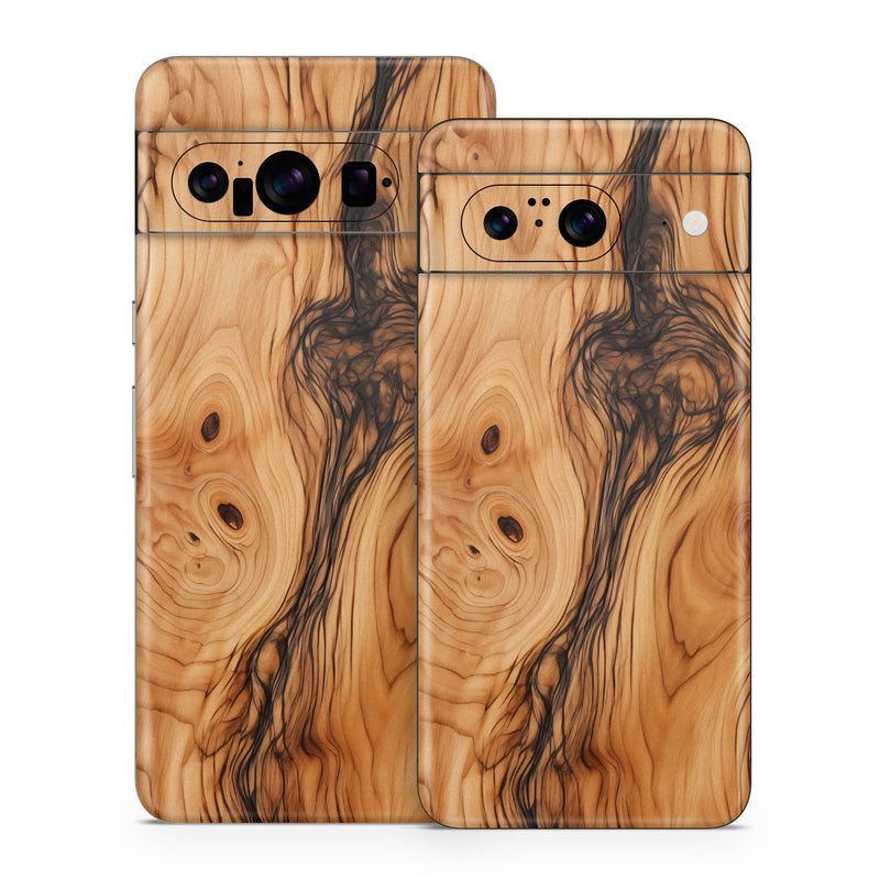Google Pixel 8 Series Skin design of Brown, Wood, Trunk, Wood stain, Floor, Liquid, Art, Woody plant, Landscape, Flooring, with black, brown, orange colors