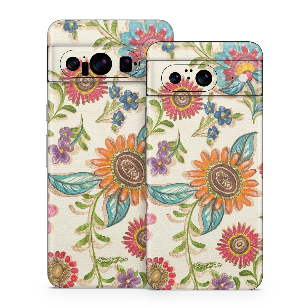 Google Pixel 8 Series Skin design of Pattern, Floral design, Flower, Botany, Design, Visual arts, Textile, Plant, Wildflower, Pedicel, with gray, green, pink, yellow, red, blue colors