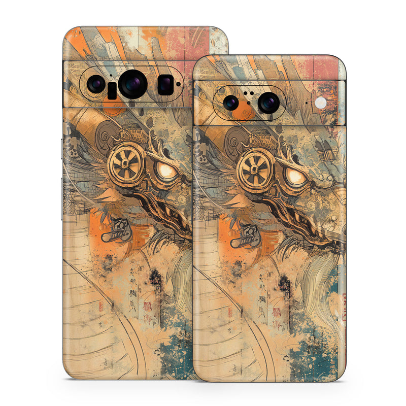 Google Pixel 8 Series Skin design of Visual arts, Painting, Illustration, Fictional character, CG artwork, Modern art, Graphics, Graphic design, Mythical creature, Art Paint, with yellow, orange, black, gray, red colors