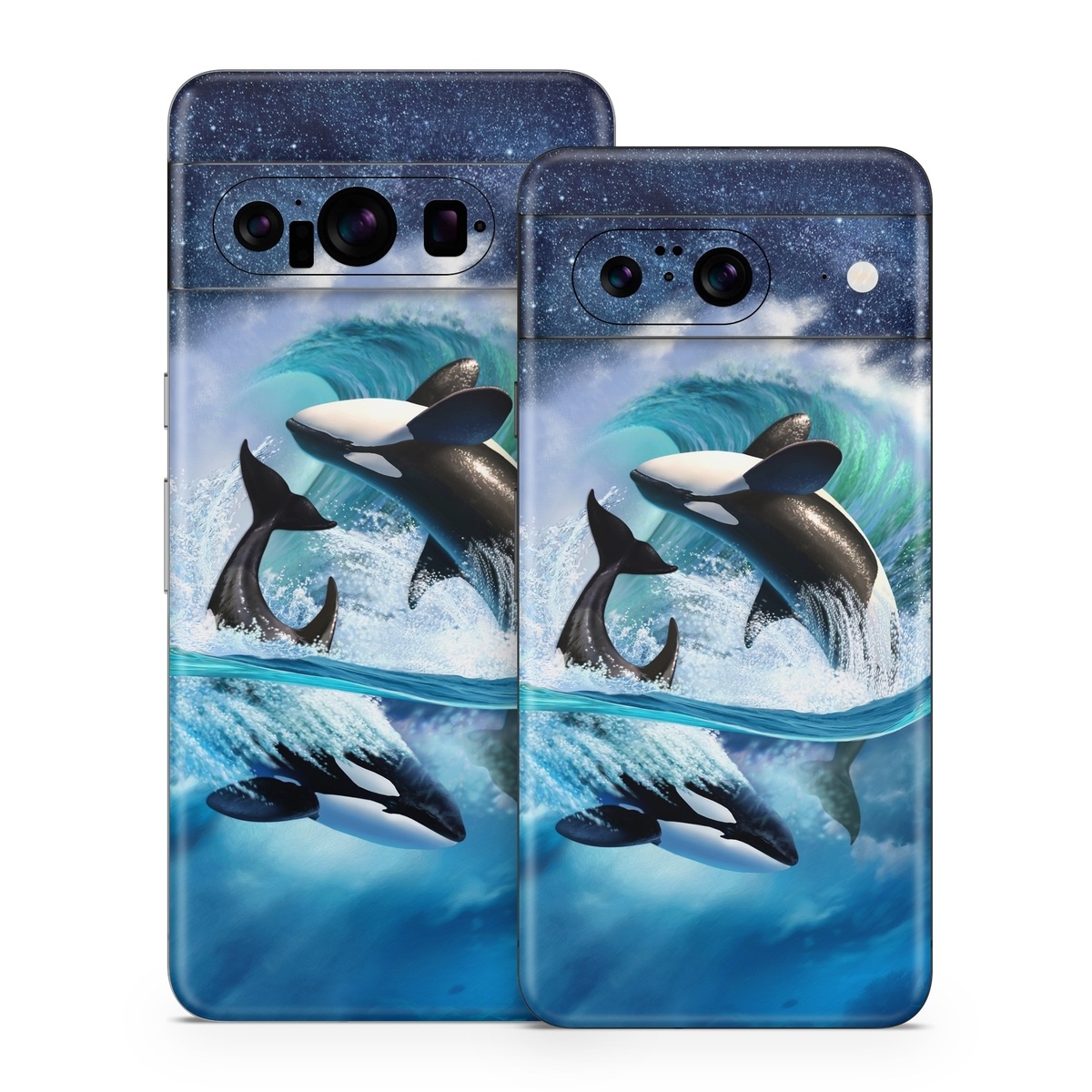 Google Pixel 8 Series Skin design of Dolphin, Short-beaked common dolphin, Sky, Cetacea, Killer whale, Marine mammal, Water, Illustration, Bottlenose dolphin, Common bottlenose dolphin, with black, blue, white, green colors