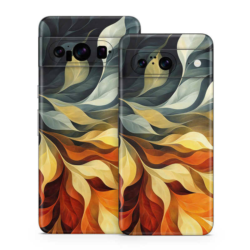 Google Pixel 8 Series Skin design of Yellow, Orange, Art, Brown, Visual arts, Modern art, Design, Graphics, Fractal art, Paint, with red, orange, yellow, white, black, gray colors