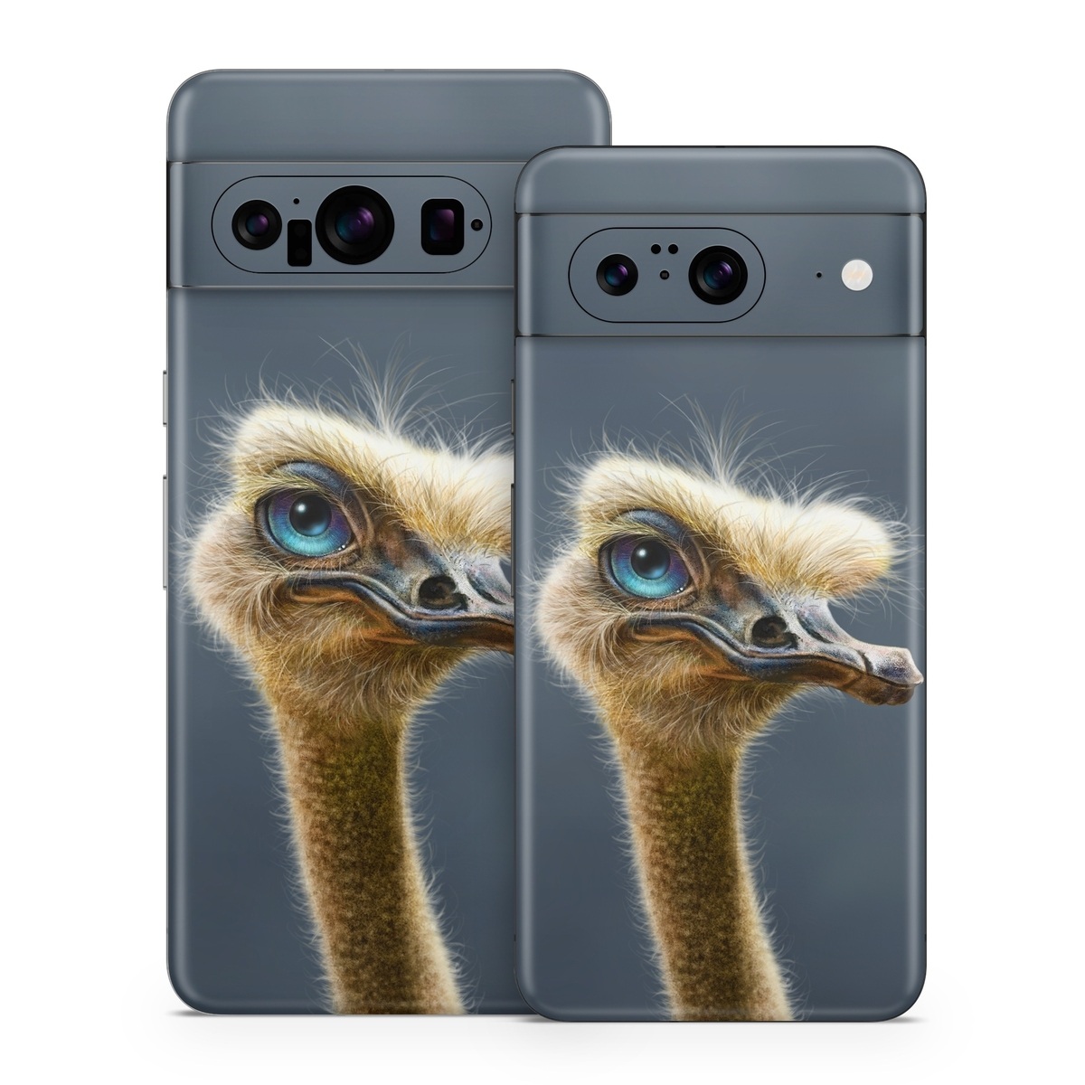 Google Pixel 8 Series Skin design of Ostrich, Flightless bird, Ratite, Bird, Beak, Close-up, Emu, Wildlife, Organism, Terrestrial animal, with black, gray, blue, green, red colors