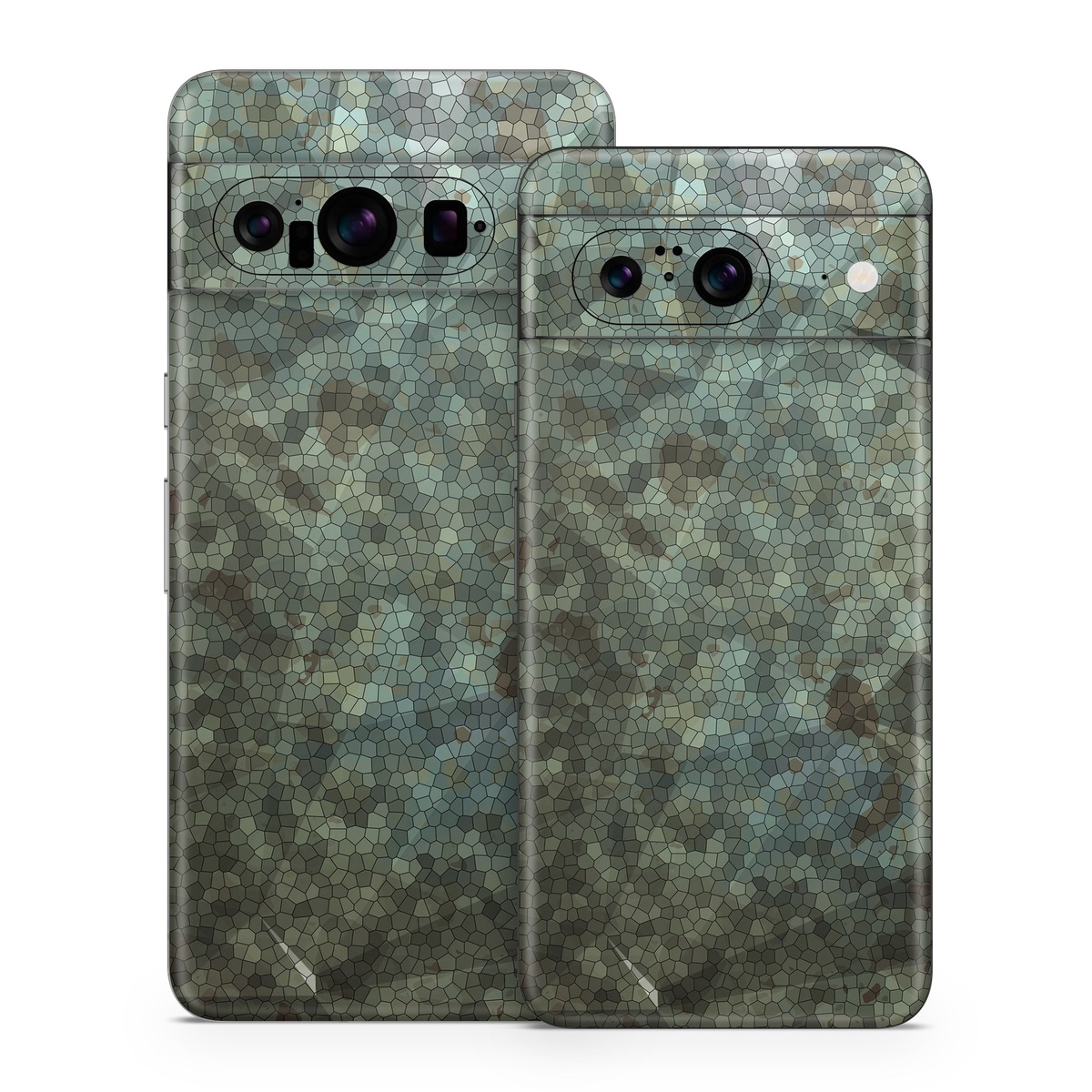 Google Pixel 8 Series Skin design of Green, Pattern, Brown, Wall, Design, Rock, Geology, Camouflage, Granite, Metal, with black, brown, blue, gray, white colors