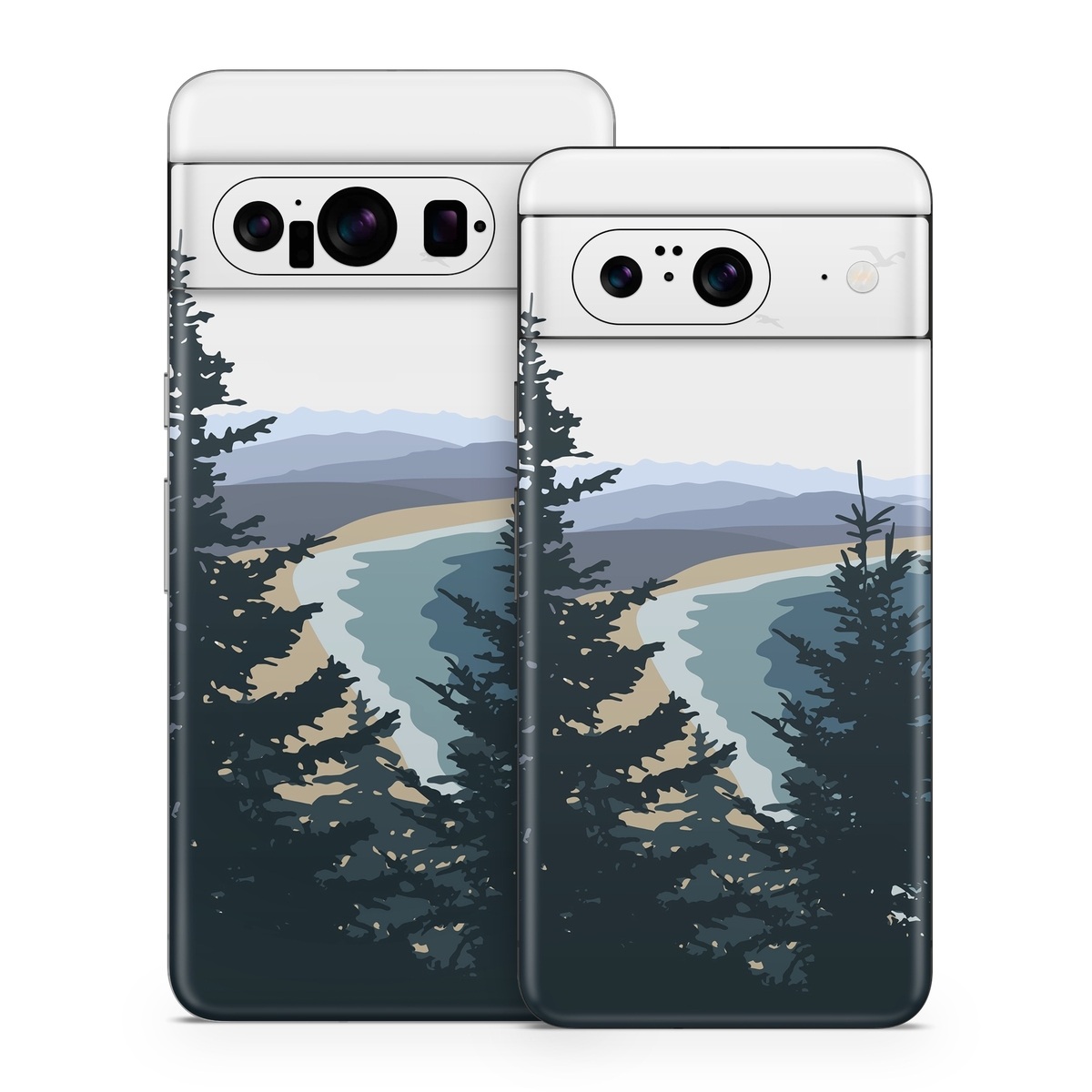 Google Pixel 8 Series Skin design of Sky, Plant, Mountain, Natural landscape, Branch, Larch, Tree, Highland, Atmospheric phenomenon, Evergreen, with white, blue, yellow, gray, black, green colors