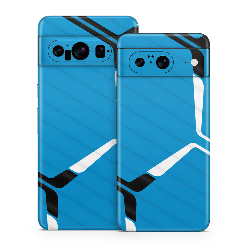 Google Pixel 8 Series Skin design of Azure, Triangle, Parallel, Font, Electric blue, Pattern, Symmetry, Table, Symbol, Logo, with blue, black, white colors