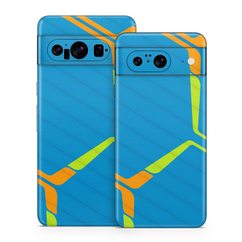 Google Pixel 8 Series Skin design of Azure, Triangle, Rectangle, Parallel, Electric blue, Symmetry, Font, Pattern, Circle, Sky, with blue, orange, green colors