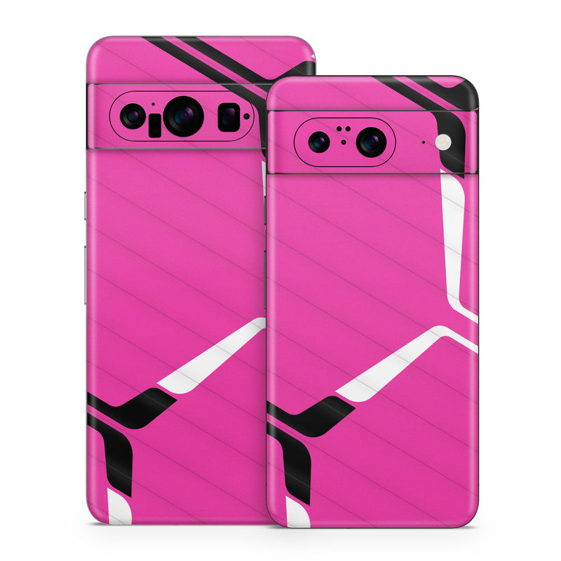 Google Pixel 8 Series Skin design of Textile, Sleeve, Jersey, Purple, Pink, Violet, Font, Magenta, Material property, Electric blue, with pink, black, white colors