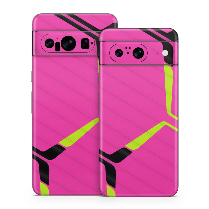Google Pixel 8 Series Skin design of Purple, Textile, Sleeve, Jersey, Violet, Triangle, Font, Magenta, Collar, Parallel, with pink, black, yellow colors
