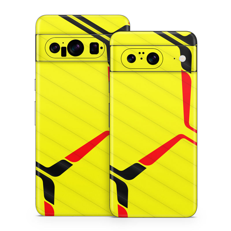 Google Pixel 8 Series Skin design of Rectangle, Yellow, Parallel, Font, Tints and shades, Wood, Triangle, Pattern, Graphics, Symmetry, with yellow, black, red colors