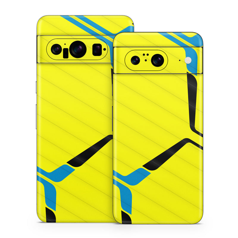 Google Pixel 8 Series Skin design of Azure, Triangle, Font, Parallel, Symmetry, Pattern, Electric blue, Symbol, Rectangle, Design, with yellow, blue colors