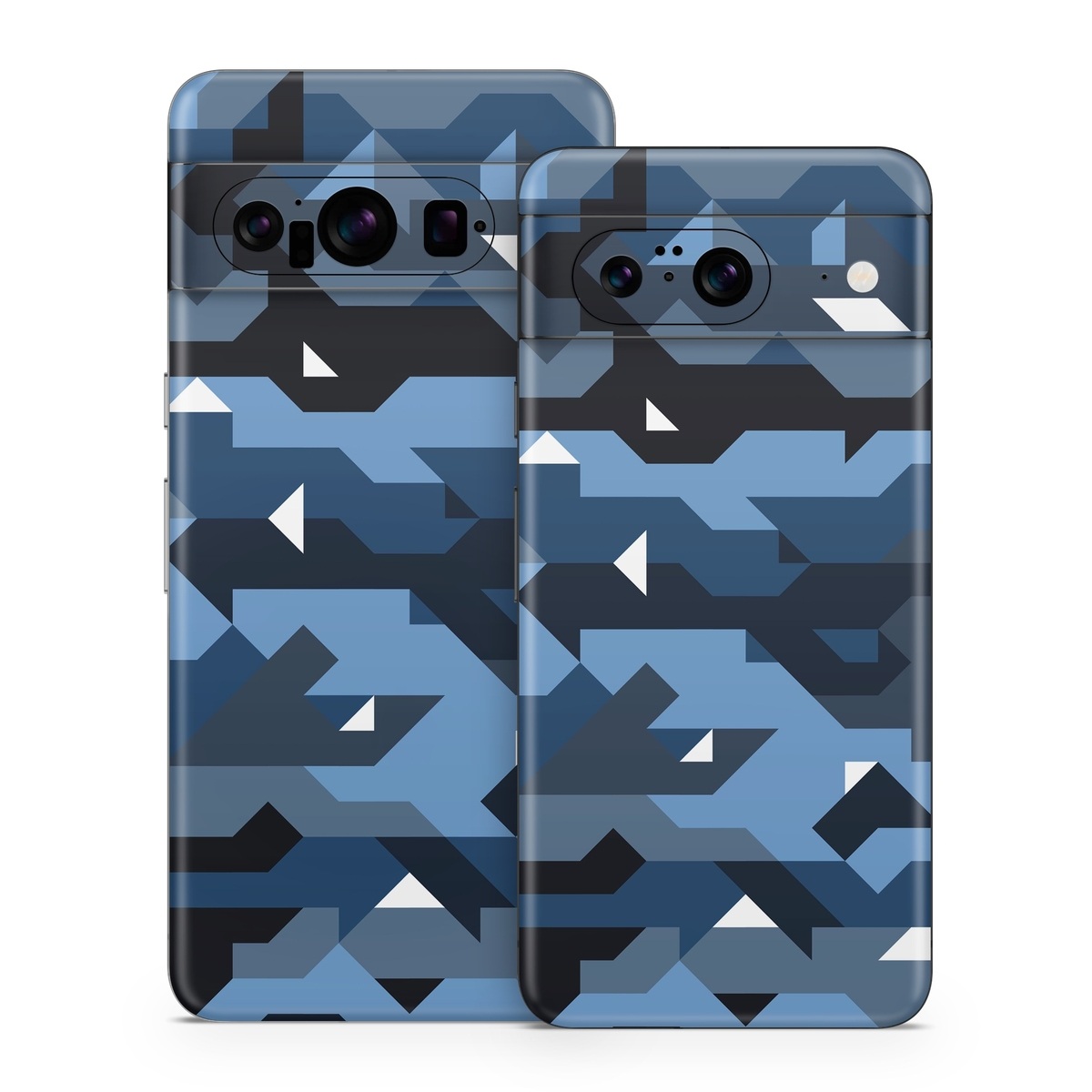 Google Pixel 8 Series Skin design of Blue, Pattern, Design, Font, Line, Camouflage, Illustration, Triangle, with blue, black, white, gray colors
