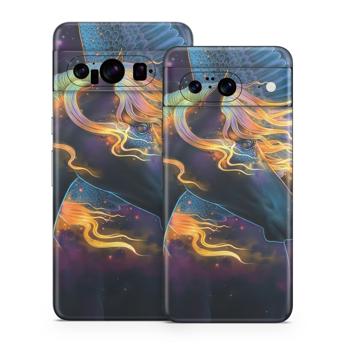Google Pixel 8 Series Skin design of Organism, Astronomical object, Art, Electric blue, Space, Darkness, Liquid, Science, Graphics, Visual arts, with black, blue, yellow, white, orange, purple, red colors