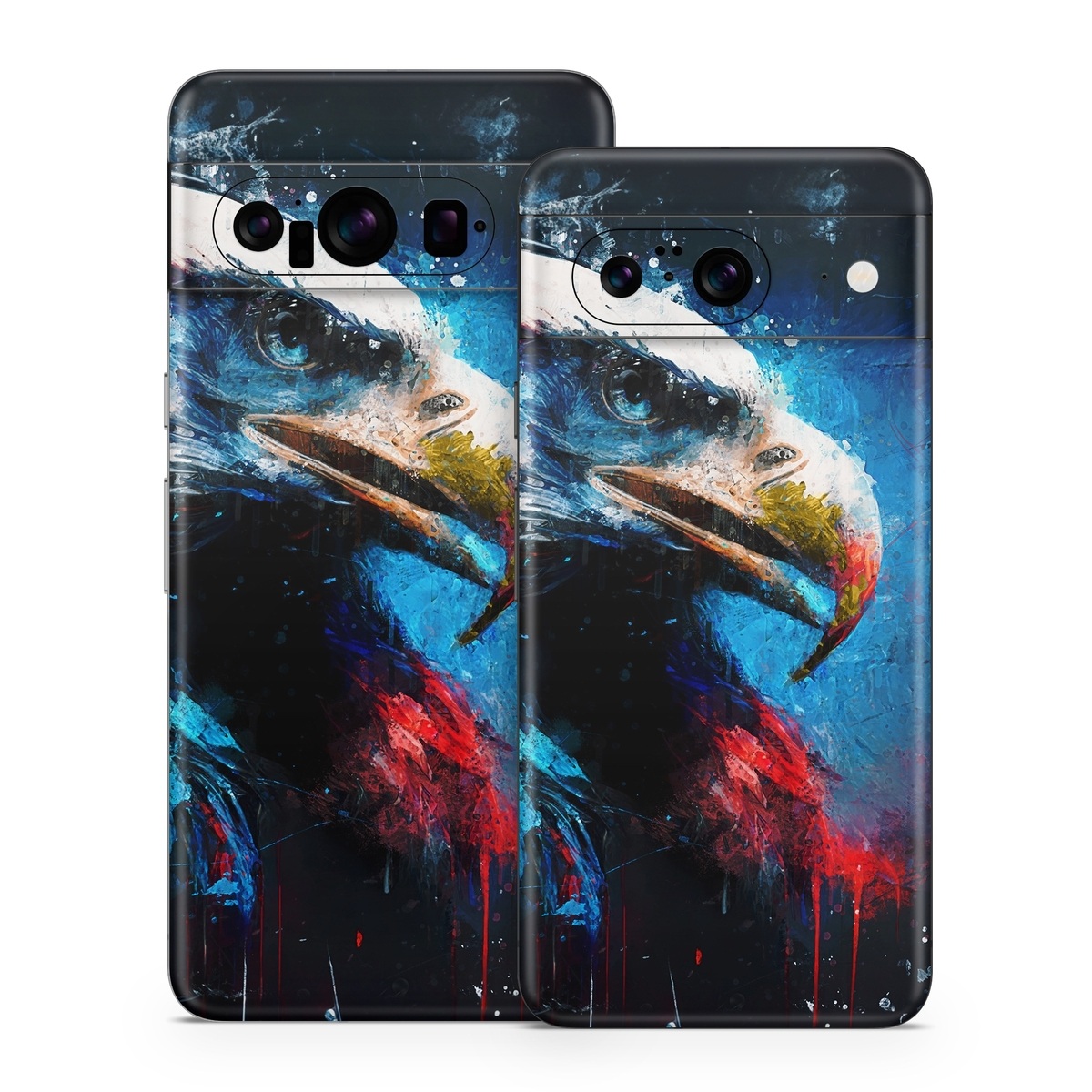 Google Pixel 8 Series Skin design of Bird, Beak, Organism, Art, Feather, Paint, Painting, Accipitridae, Bird of prey, Electric blue, with blue, red, white, black, gray, yellow colors