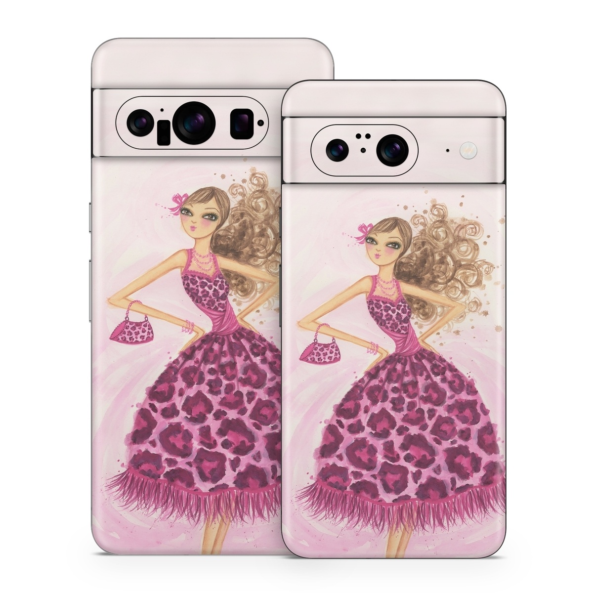 Google Pixel 8 Series Skin design of Pink, Doll, Dress, Fashion illustration, Barbie, Fashion design, Illustration, Gown, Costume design, Toy, with pink, gray, red, purple, green colors