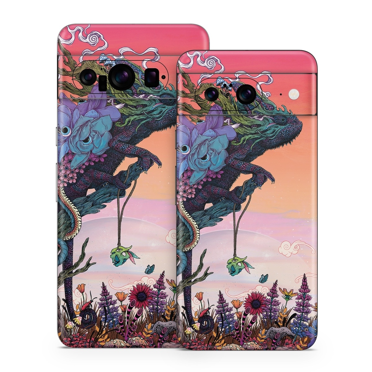 Google Pixel 8 Series Skin design of Illustration, Fictional character, Fiction, Art, Organism, Plant, Tree, Graphic design, Cg artwork, with red, orange, green, purple, white, blue, brown colors