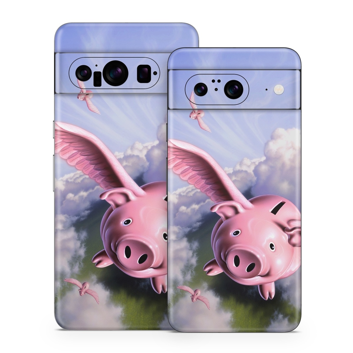Google Pixel 8 Series Skin design of Cloud, Sky, Happy, Pink, Bird, Art, Wing, Snout, Wind, Fictional character, with pink, white, blue, gray, green colors