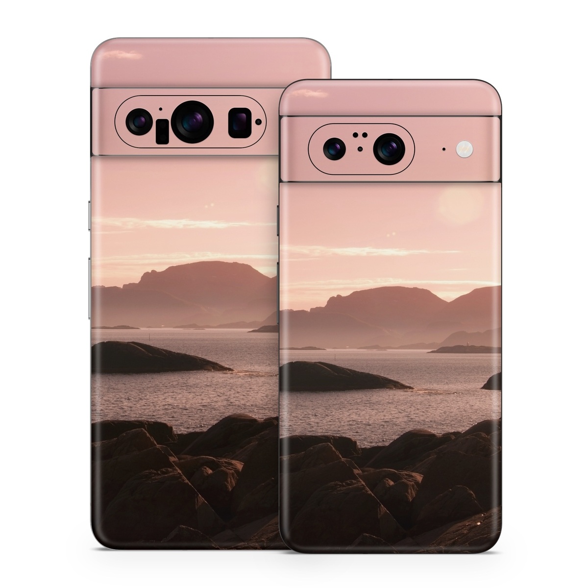 Google Pixel 8 Series Skin design of Sky, Nature, Sea, Atmospheric phenomenon, Horizon, Natural landscape, Coast, Cloud, Morning, Calm, with gray, black, red, pink, green colors