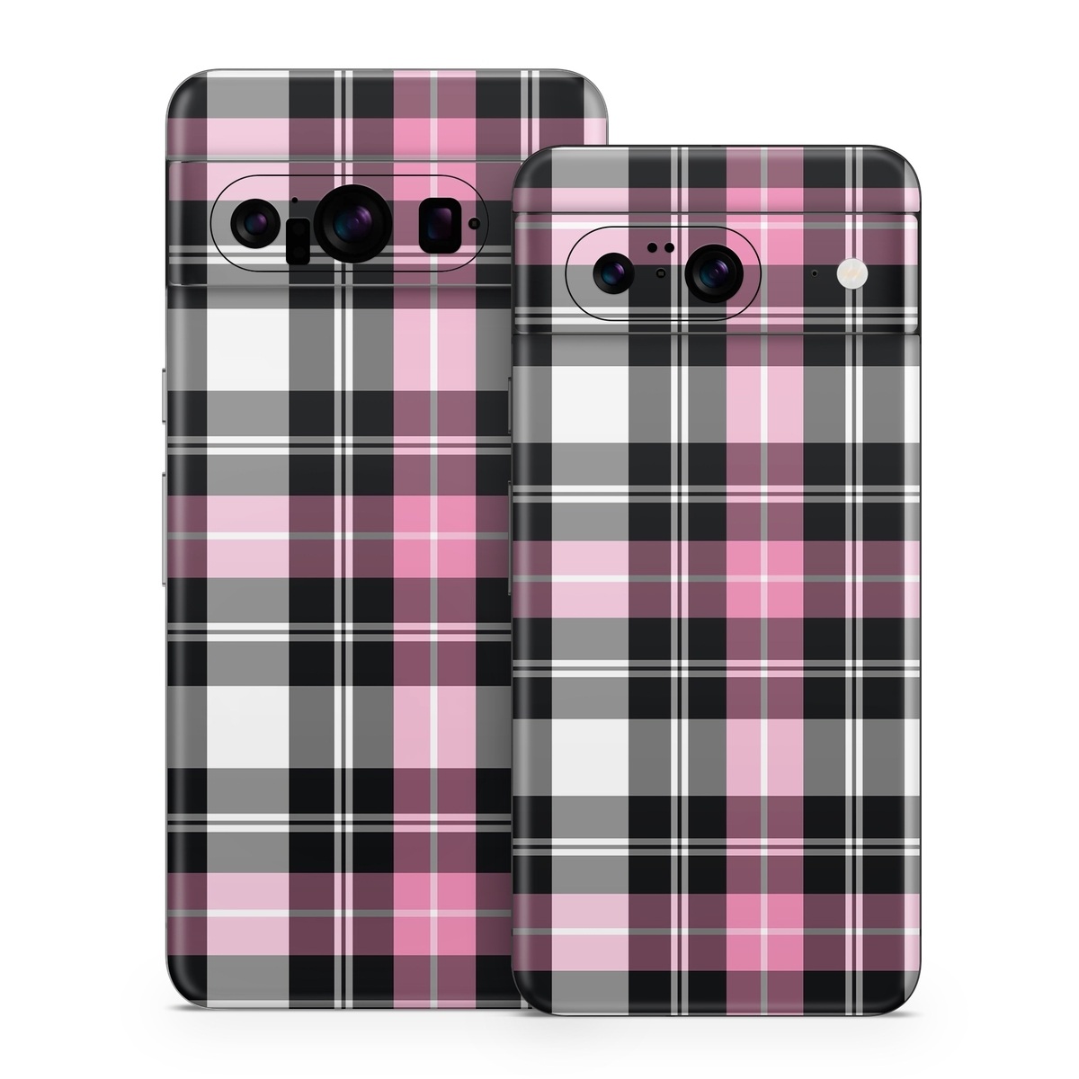 Google Pixel 8 Series Skin design of Plaid, Tartan, Pattern, Pink, Purple, Violet, Line, Textile, Magenta, Design, with black, gray, pink, red, white, purple colors