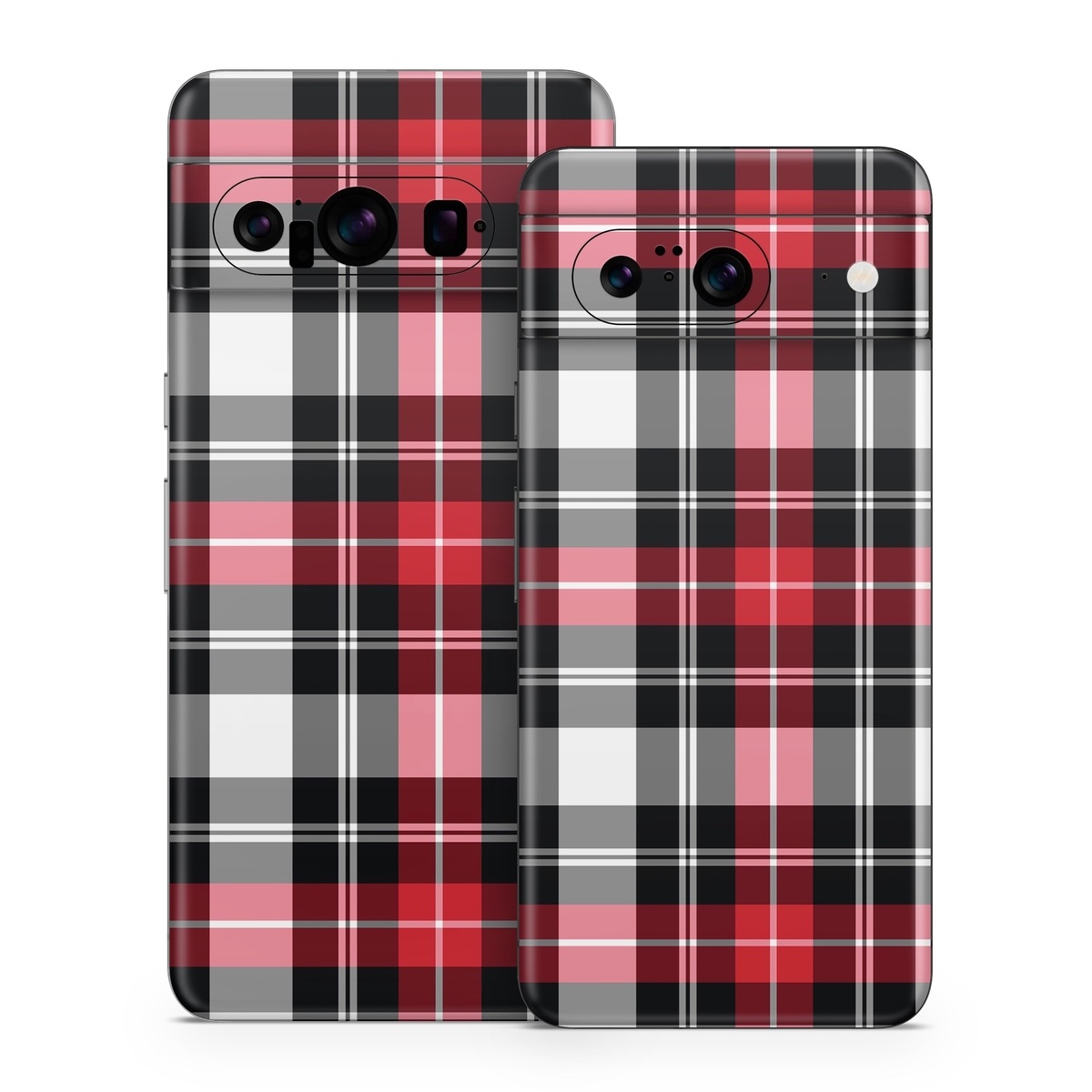 Google Pixel 8 Series Skin design of Plaid, Tartan, Pattern, Red, Textile, Design, Line, Pink, Magenta, Square, with black, gray, pink, red, white colors