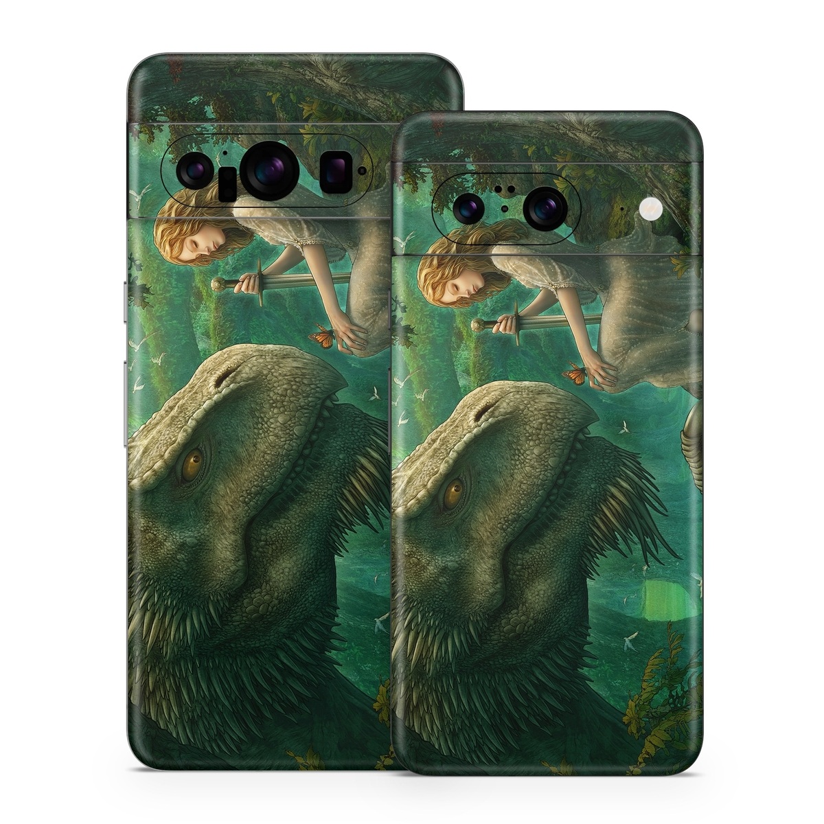Google Pixel 8 Series Skin design of Dinosaur, Cg artwork, Mythology, Fictional character, Troodon, Extinction, Velociraptor, Illustration, Animated cartoon, Tyrannosaurus, with black, green, gray, red colors