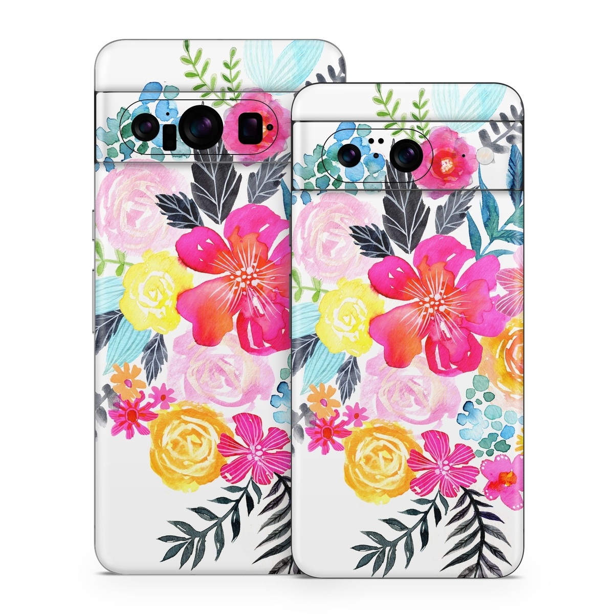 Google Pixel 8 Series Skin design of Flower, Clip art, Bouquet, Plant, Illustration, Floral design, Pink, Petal, Botany, Design, with white, pink, orange, red, yellow, blue, black, green colors