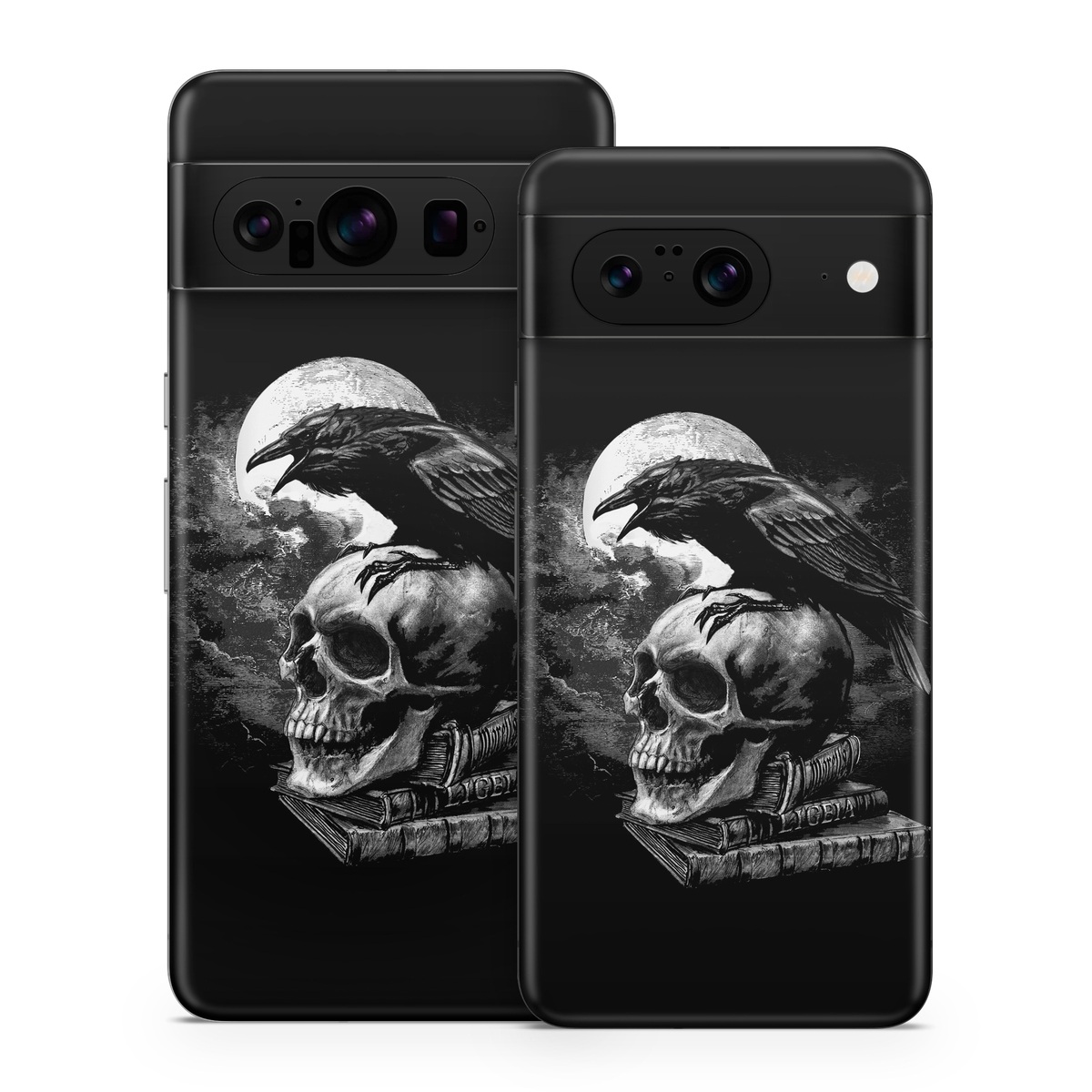 Google Pixel 8 Series Skin design of Bone, Skull, Bird, Darkness, Monochrome, Wing, Black-and-white, Illustration, Beak, Fictional Character, Drawing, Symbol, with black, white, gray colors