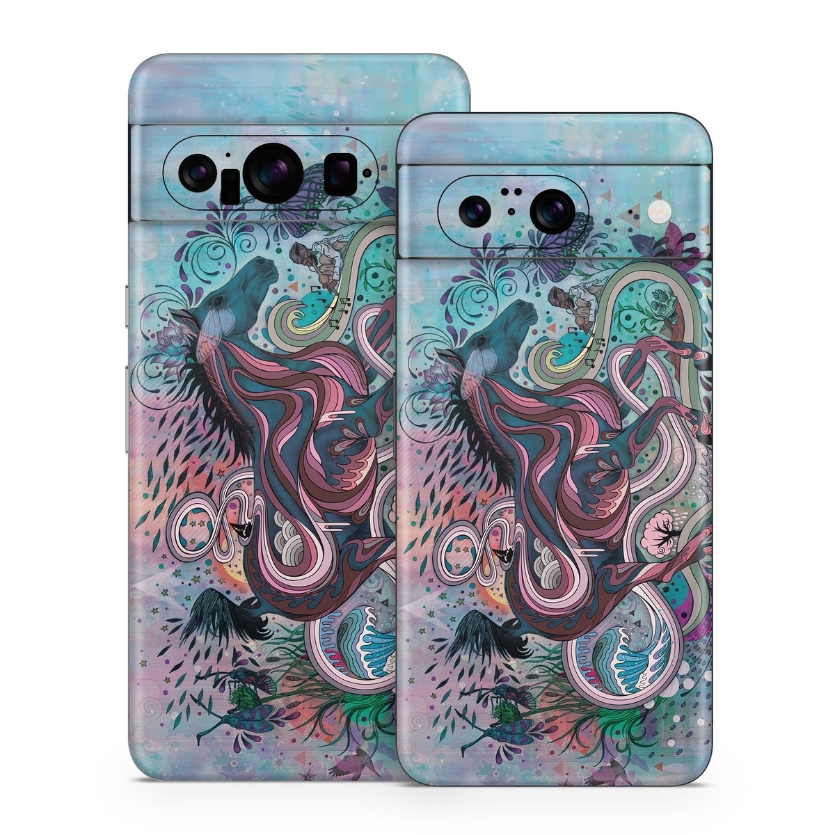 Google Pixel 8 Series Skin design of Illustration, Art, Visual arts, Graphic design, Fictional character, Psychedelic art, Pattern, Drawing, Painting, Mythology, with gray, black, blue, red, purple colors