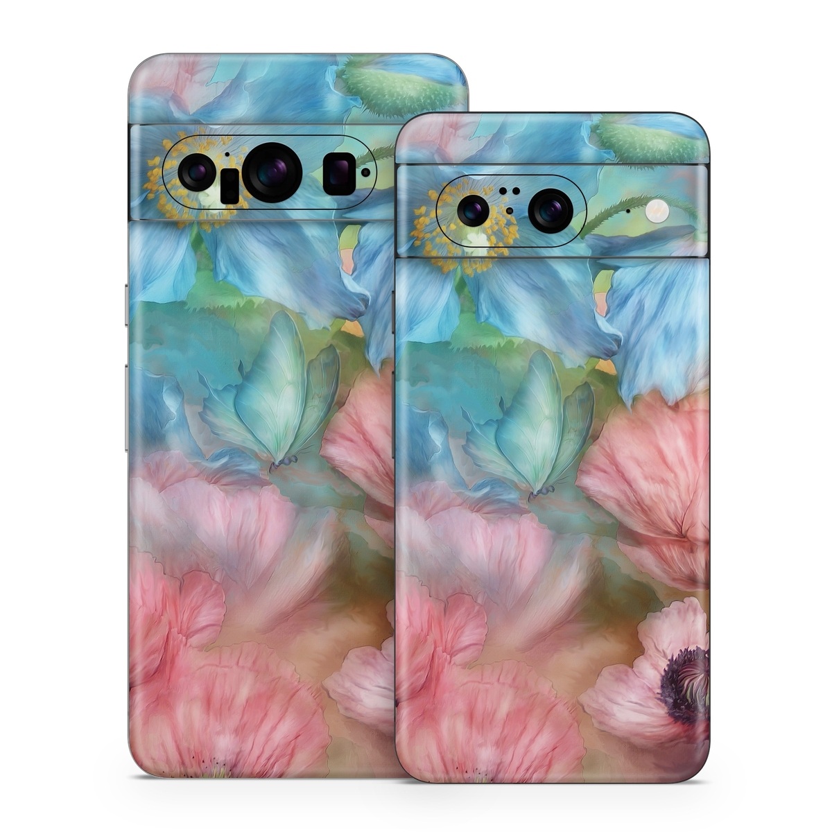 Google Pixel 8 Series Skin design of Flower, Petal, Watercolor paint, Painting, Plant, Flowering plant, Pink, Botany, Wildflower, Still life, with gray, blue, black, red, green colors