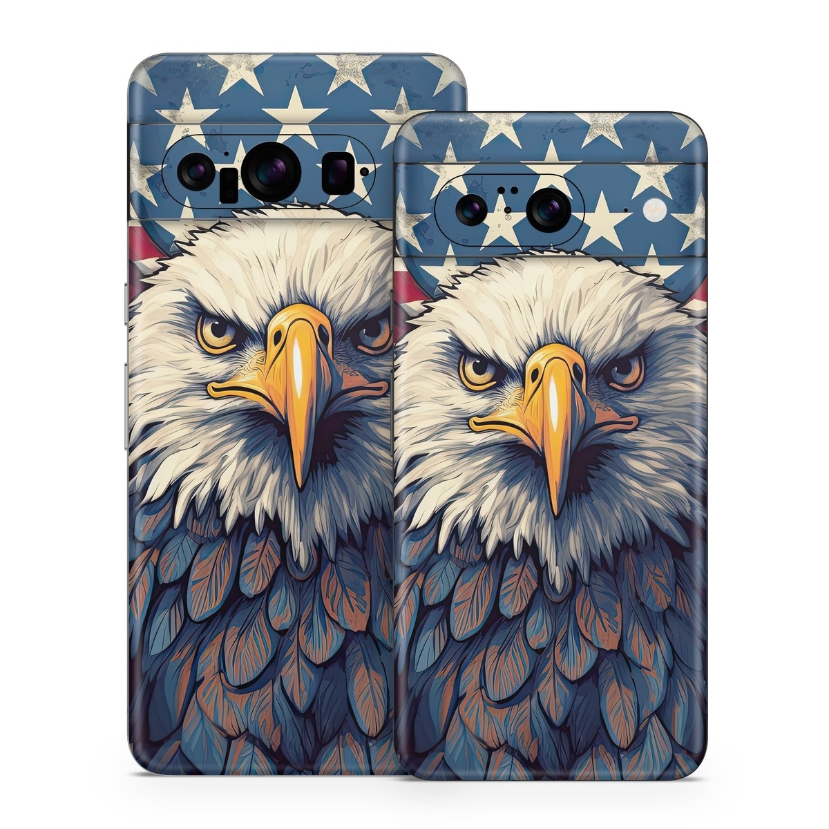 Google Pixel 8 Series Skin design of Bird, Accipitridae, Beak, Sea eagle, Falconiformes, Feather, Eagle, Painting, Art, Bald eagle, with red, blue, white, brown, yellow, gray, orange colors
