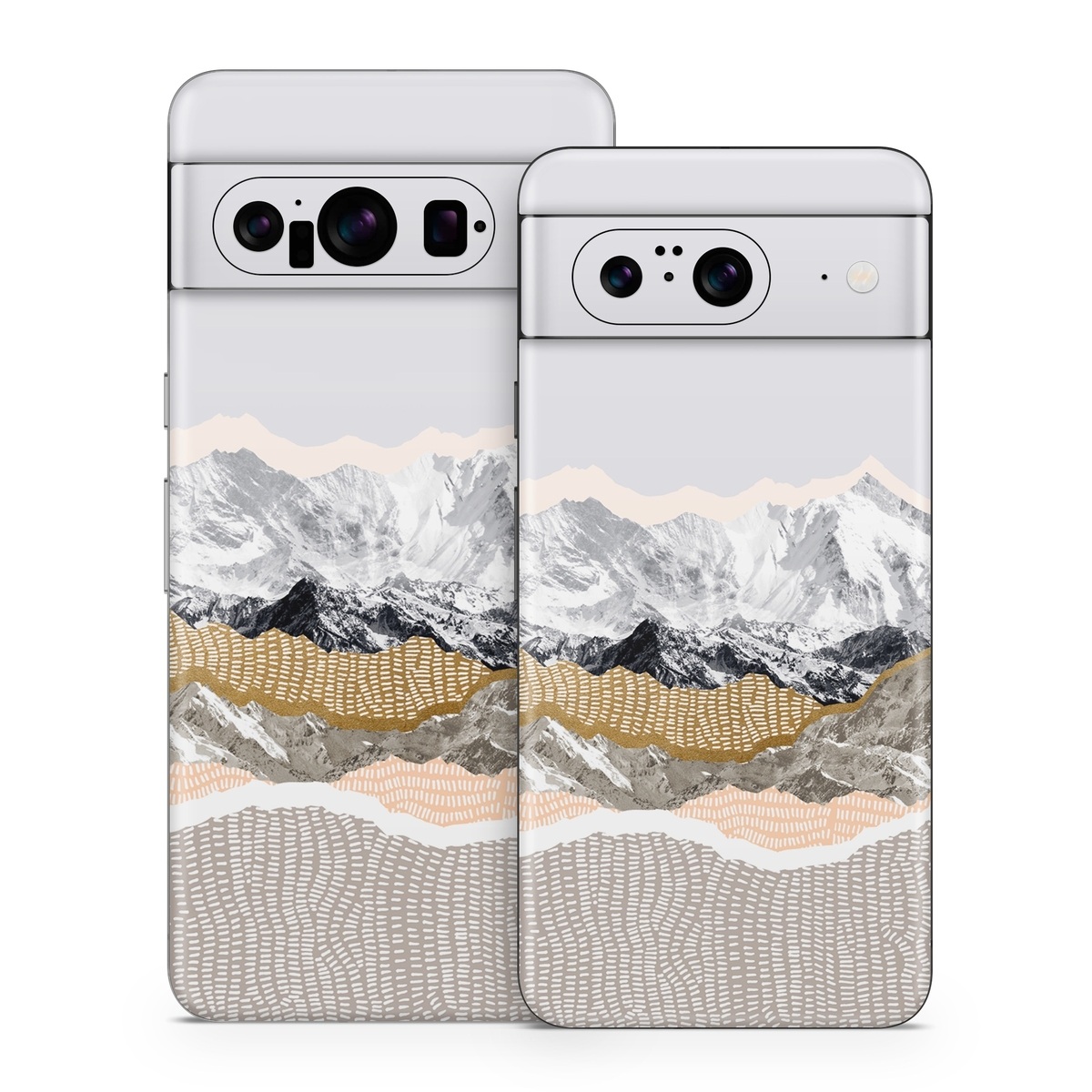 Google Pixel 8 Series Skin design of White, Mountainous landforms, Mountain, Mountain range, Glacial landform, Geological phenomenon, Sky, Ridge, Geology, Glacier, with white, yellow, brown, gray, black colors