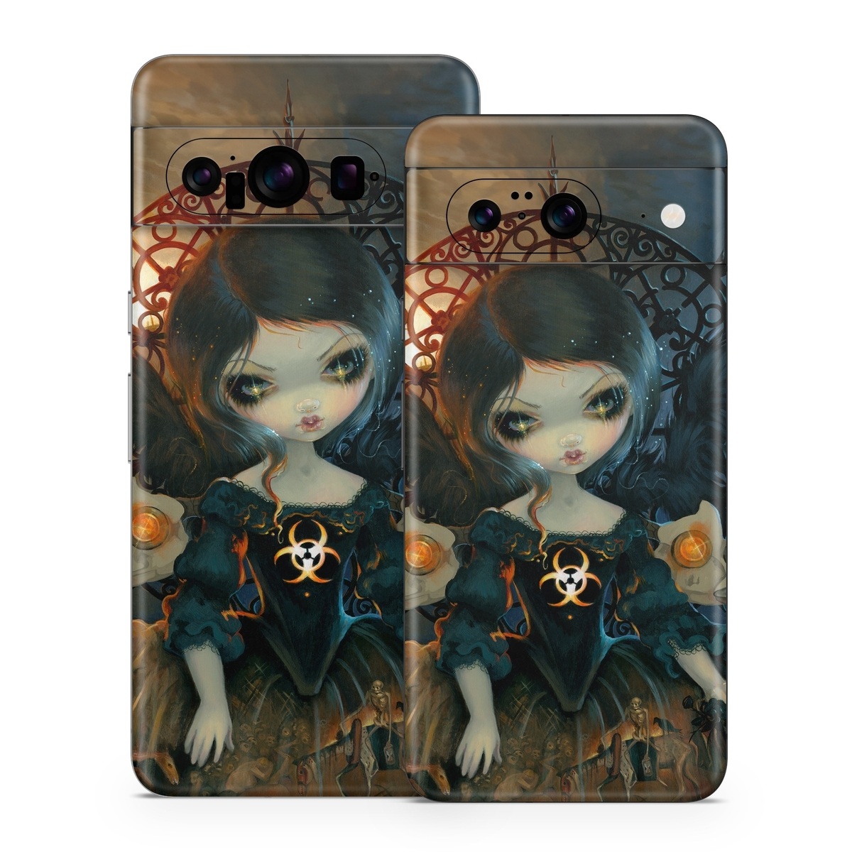 Google Pixel 8 Series Skin design of Doll, Head, Illustration, Eye, Cg artwork, Fictional character, Toy, Iris, Art, Mythology, with brown, red, black, orange, blue, yellow colors