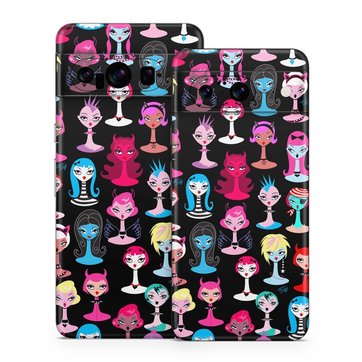 Google Pixel 8 Series Skin design of Facial expression, Product, Font, Pink, Red, Magenta, Material property, Pattern, Fictional character, Illustration, with black, pink, blue, brown, red, green, white, yellow colors