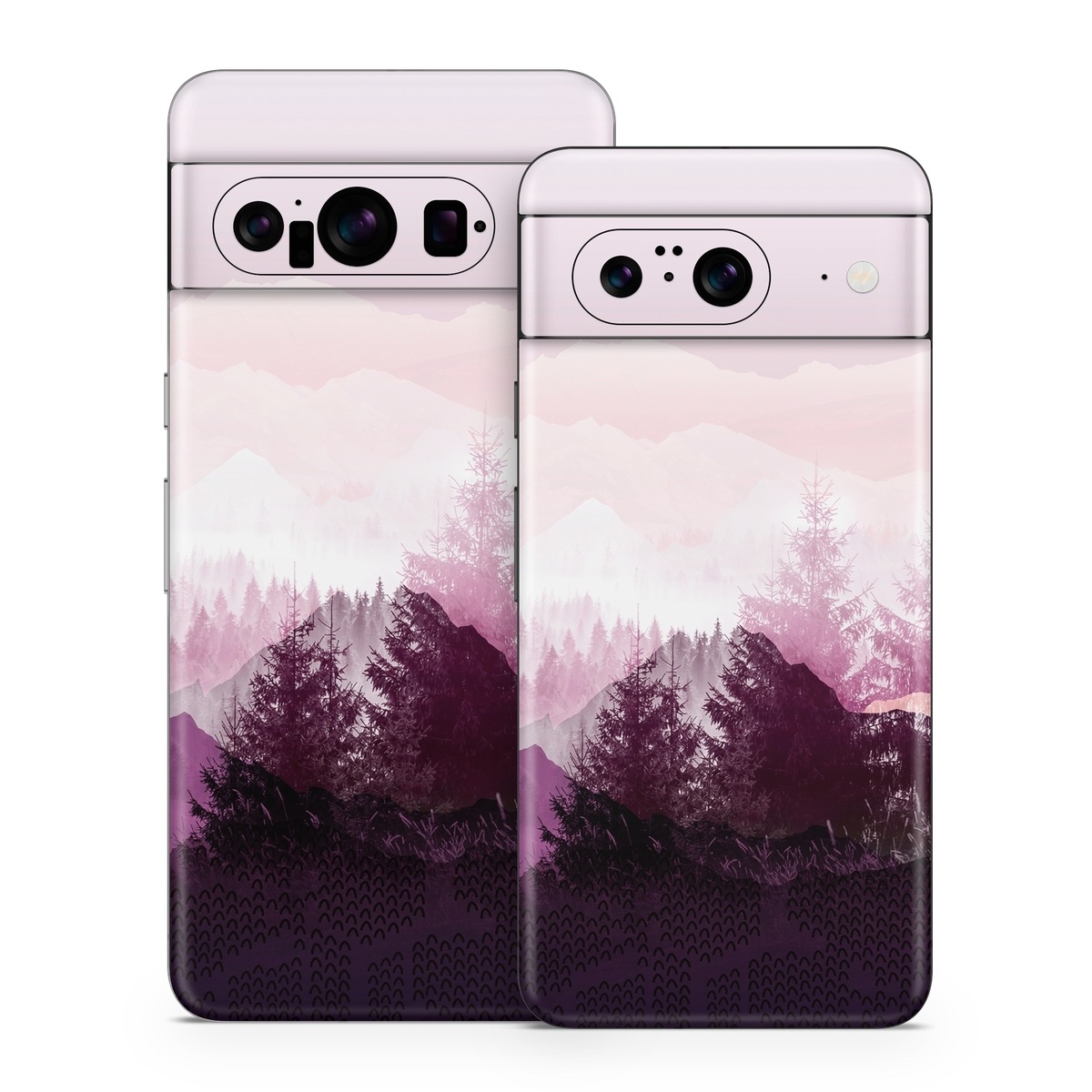 Google Pixel 8 Series Skin design of Sky, Purple, Atmospheric phenomenon, Pink, Natural landscape, Violet, Mountain, Tree, Morning, Mountain range, with white, purple, black, pink colors