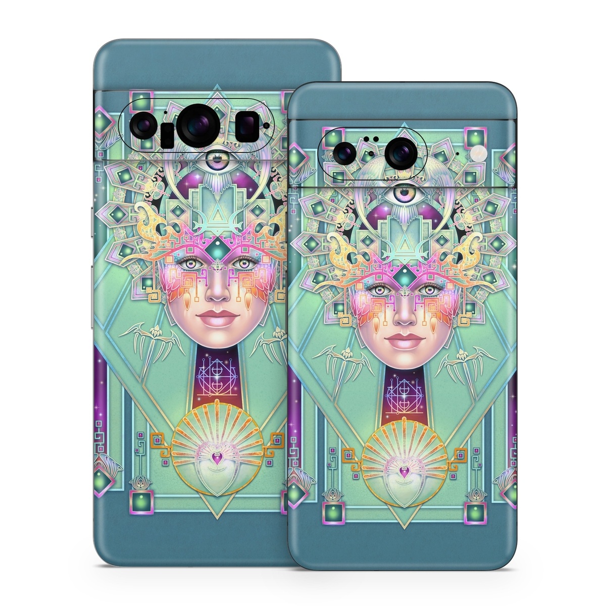 Google Pixel 8 Series Skin design of Head, Eye, Eyelash, Font, Art, Magenta, Rectangle, Painting, Illustration, Pattern, with blue, green, yellow, red, purple, white colors