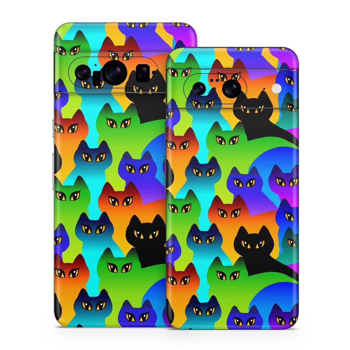 Google Pixel 8 Series Skin design of Black cat, Purple, Cat, Small to medium-sized cats, Pattern, Design, Felidae, Illustration, Art, with black, blue, green, purple colors