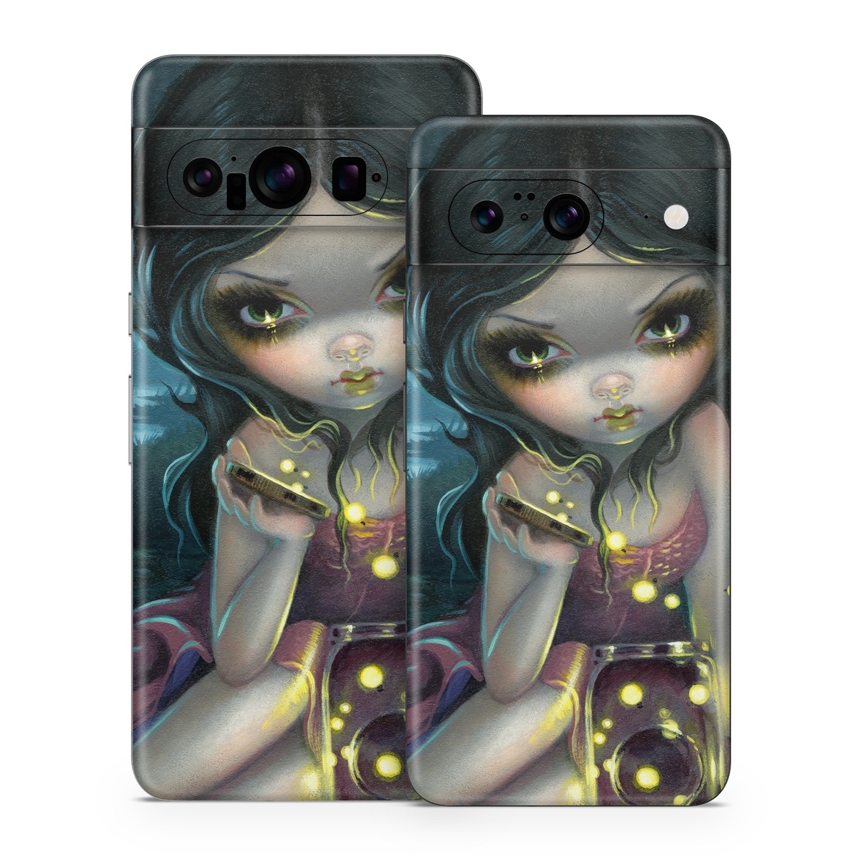 Google Pixel 8 Series Skin design of Cg artwork, Illustration, Fictional character, Art, Iris, Black hair, Fawn, Mythology, Fiction, with blue, green, pink, yellow, black, white colors