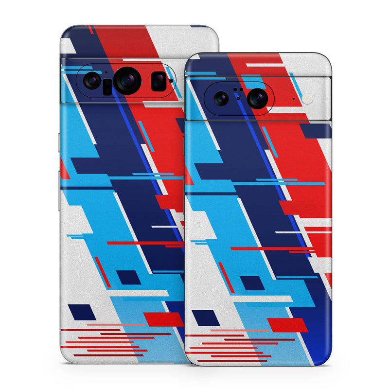 Google Pixel 8 Series Skin design of Azure, Font, Material property, Parallel, Electric blue, Slope, Graphics, Carmine, Brand, Rectangle, with gray, blue, black, red, purple colors