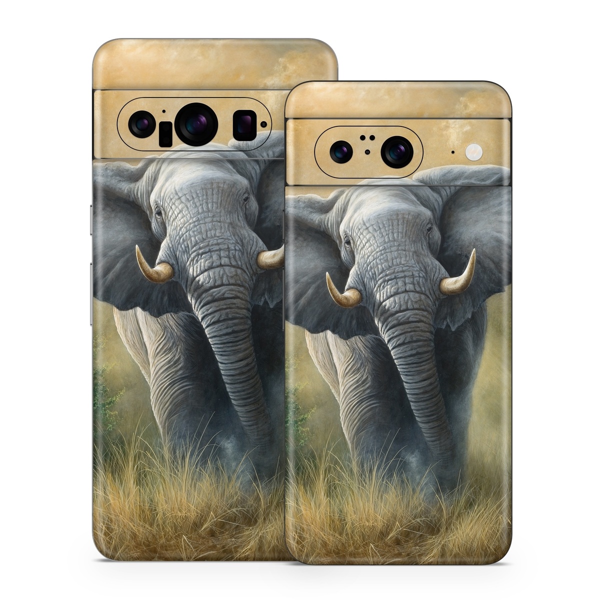 Google Pixel 8 Series Skin design of Terrestrial animal, Elephants and Mammoths, Vertebrate, Wildlife, Mammal, African elephant, Indian elephant, Grassland, Working animal, Tusk, with gray, white, green, brown, yellow, orange colors