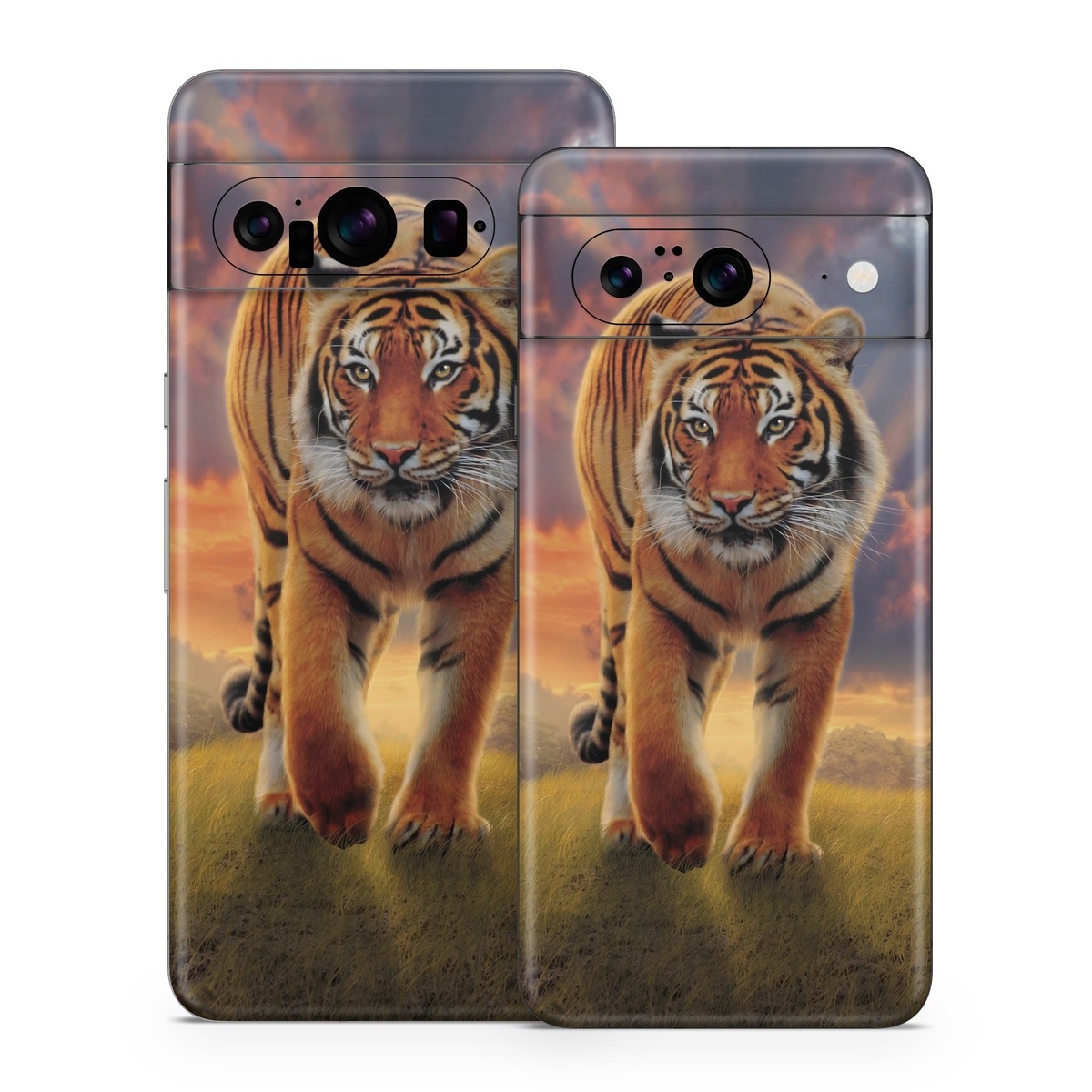 Google Pixel 8 Series Skin design of Tiger, Wildlife, Bengal tiger, Mammal, Felidae, Siberian tiger, Sky, Big cats, Terrestrial animal, Carnivore, with black, white, yellow, red, green, blue colors