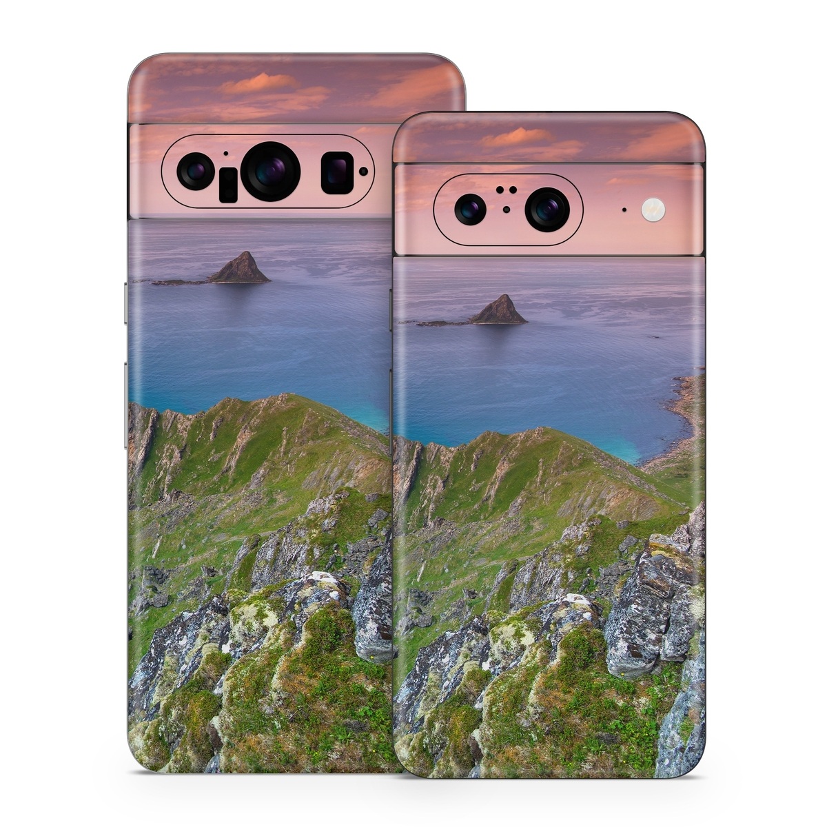 Google Pixel 8 Series Skin design of Body of water, Nature, Sky, Coast, Sea, Headland, Natural landscape, Promontory, Coastal and oceanic landforms, Cliff, with red, orange, green, blue, yellow colors