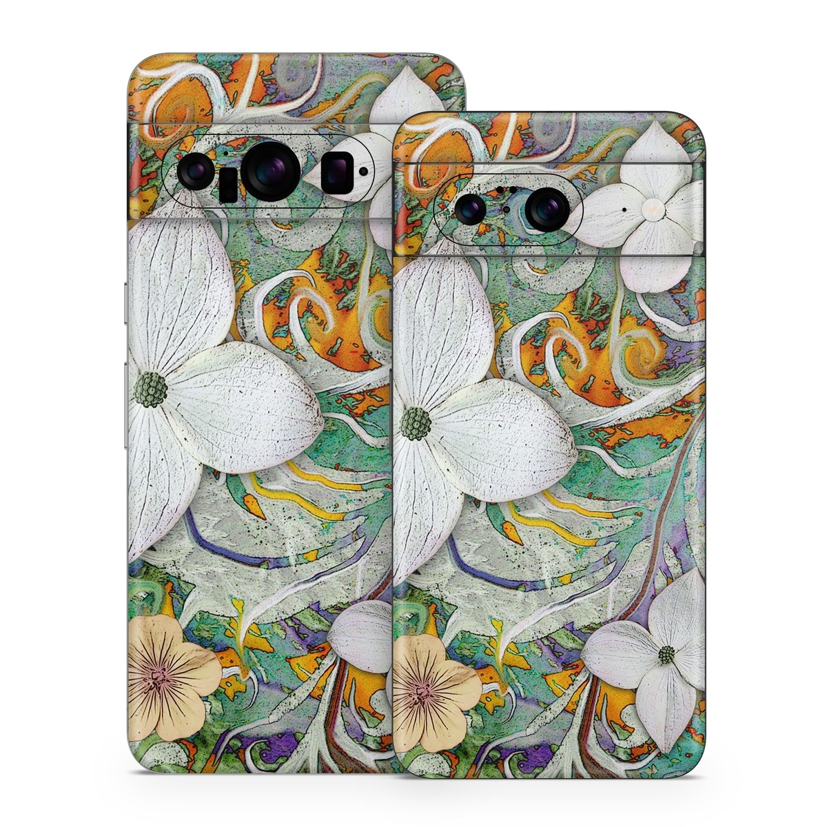 Google Pixel 8 Series Skin design of Flower, Pattern, Plant, Wildflower, Floral design, Petal, Art, Painting, Visual arts, Wallpaper, with gray, black, green, blue, red colors
