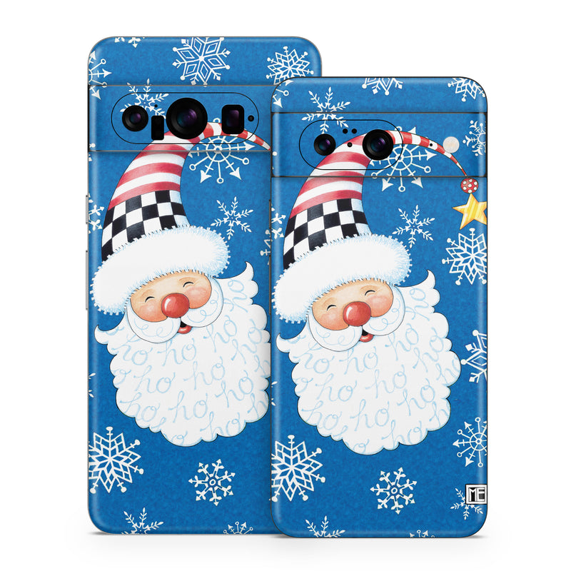 Google Pixel 8 Series Skin design of Plant, Celebrating, Rectangle, Font, Art, Happy, Ornament, Santa claus, Event, Christmas, with blue, white, black, red, yellow colors