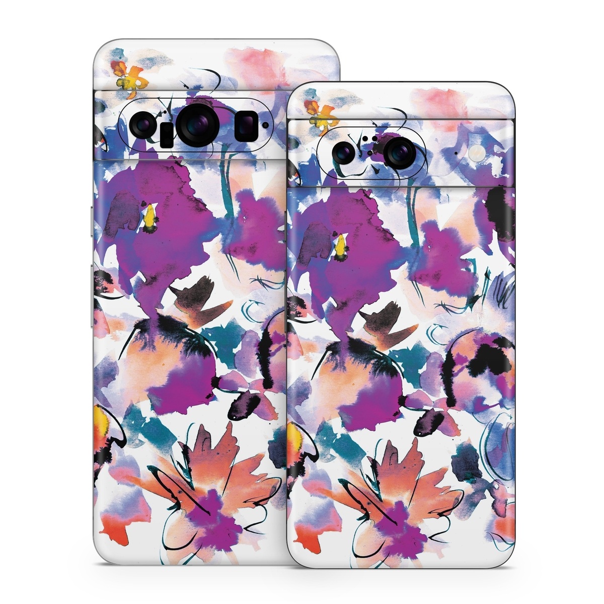 Google Pixel 8 Series Skin design of Product, Purple, Illustration, Graphic design, Plant, Clip art, Flower, Graphics, Wildflower, Watercolor paint, with white, purple, pink, yellow, blue, black colors