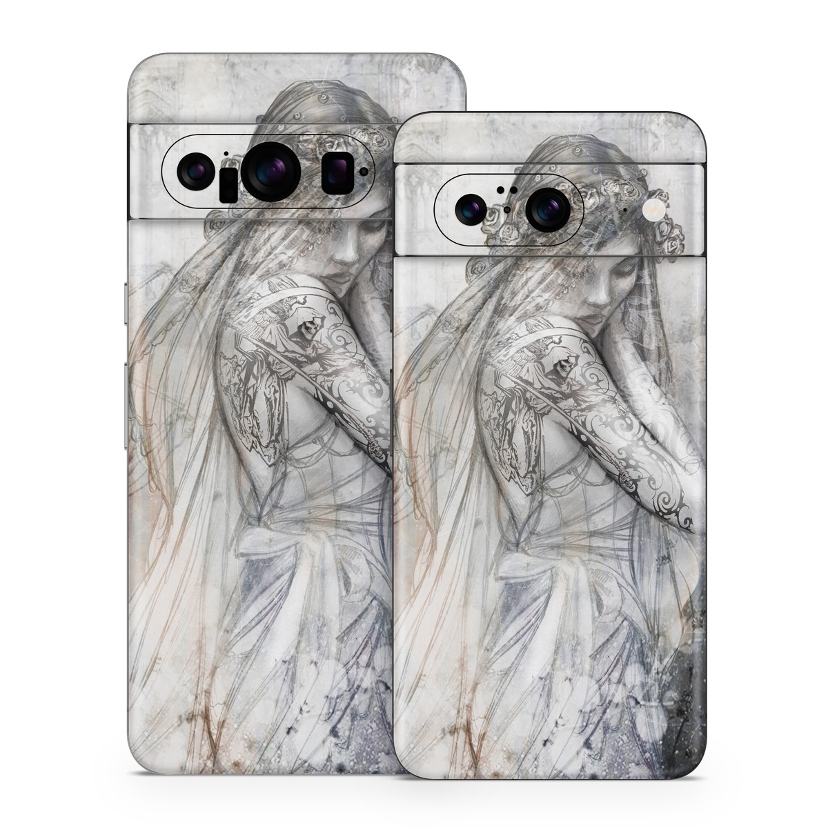 Google Pixel 8 Series Skin design of Lady, Art, Illustration, Drawing, Painting, Sketch, Mythology, Figure drawing, Long hair, Visual arts, with white, gray, black colors