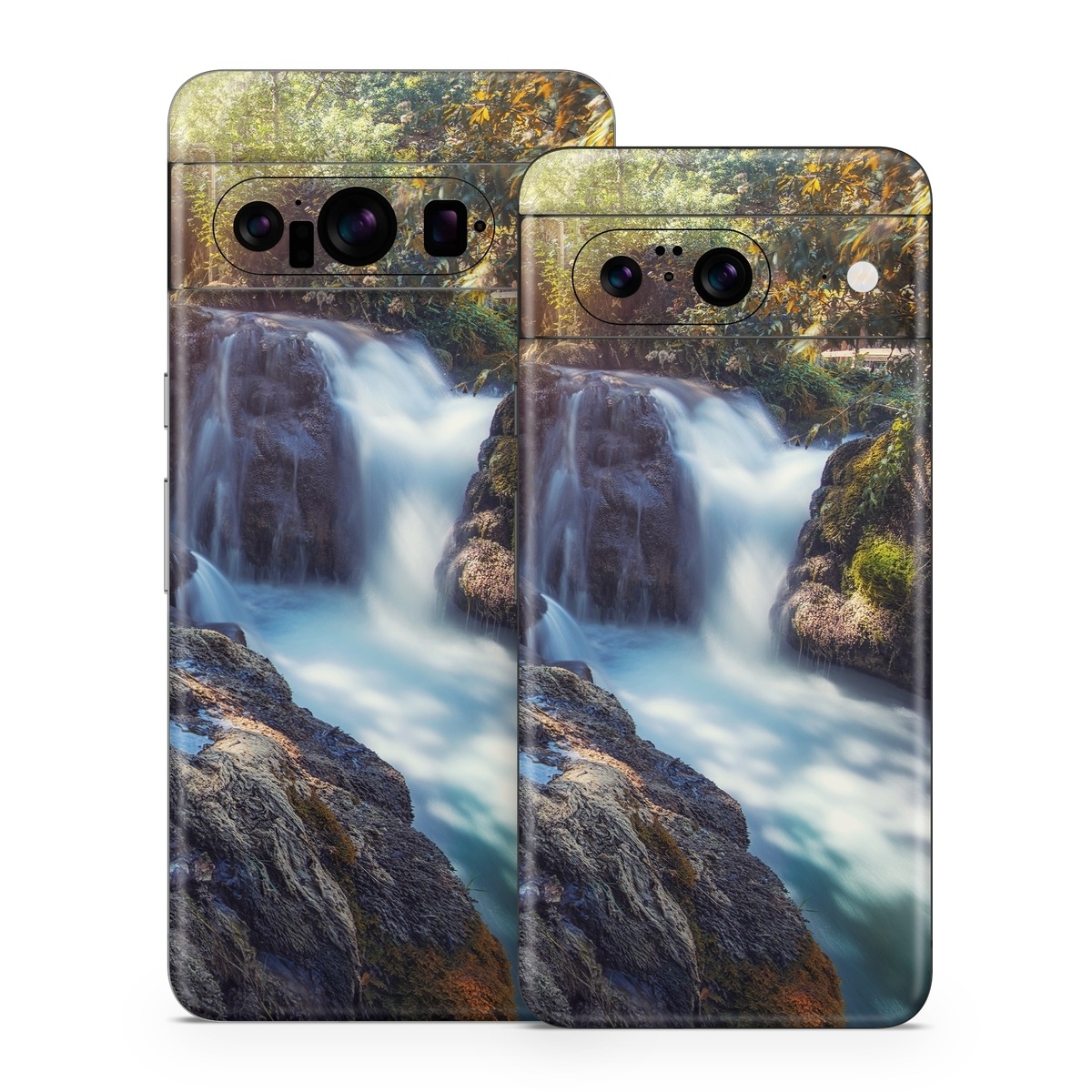 Google Pixel 8 Series Skin design of Waterfall, Natural landscape, Body of water, Nature, Water resources, Water, Watercourse, Stream, Nature reserve, Rock, with gray, yellow, orange, green, white, blue colors