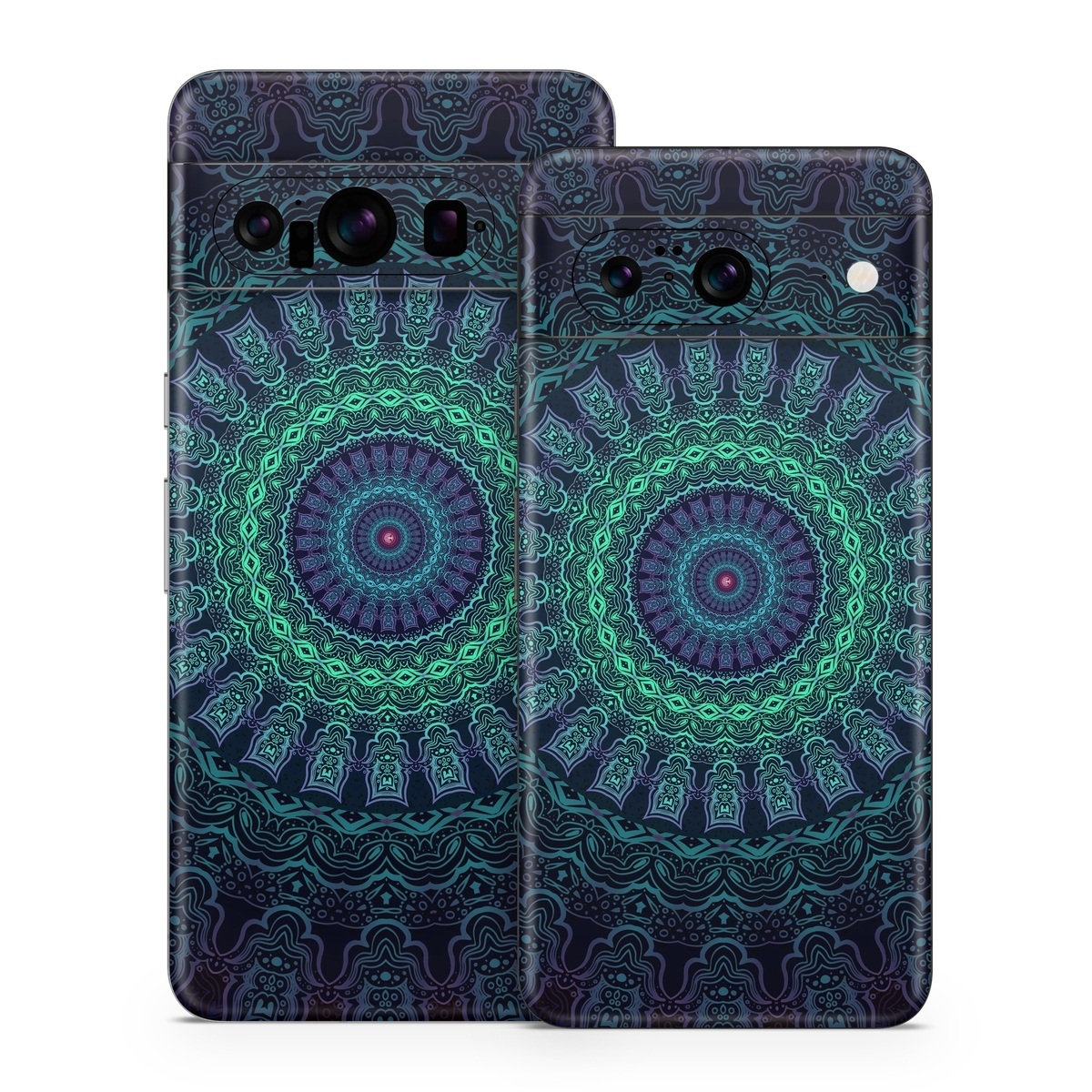 Google Pixel 8 Series Skin design of Colorfulness, Blue, Green, Pattern, Teal, Turquoise, Art, Electric Blue, Aqua, Circle, Majorelle Blue, Visual Arts, Fractal Art, Design, Symmetry, Psychedelic Art, Graphics, Kaleidoscope, Motif, with black, green, red colors
