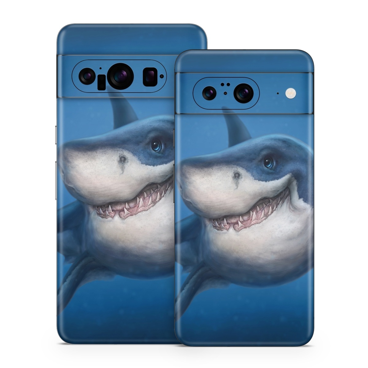 Google Pixel 8 Series Skin design of Fish, Great white shark, Shark, Tiger shark, Cartilaginous fish, Requiem shark, Lamniformes, Bull shark, Carcharhiniformes, with black, blue, gray colors