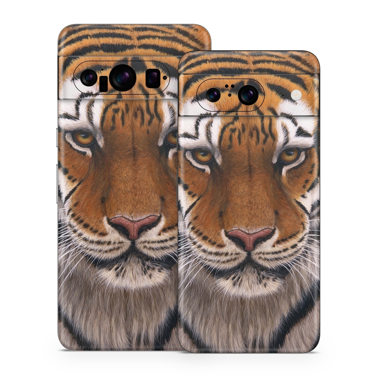 Google Pixel 8 Series Skin design of Tiger, Mammal, Wildlife, Terrestrial animal, Vertebrate, Bengal tiger, Whiskers, Siberian tiger, Felidae, Snout, with black, gray, red, green, pink colors