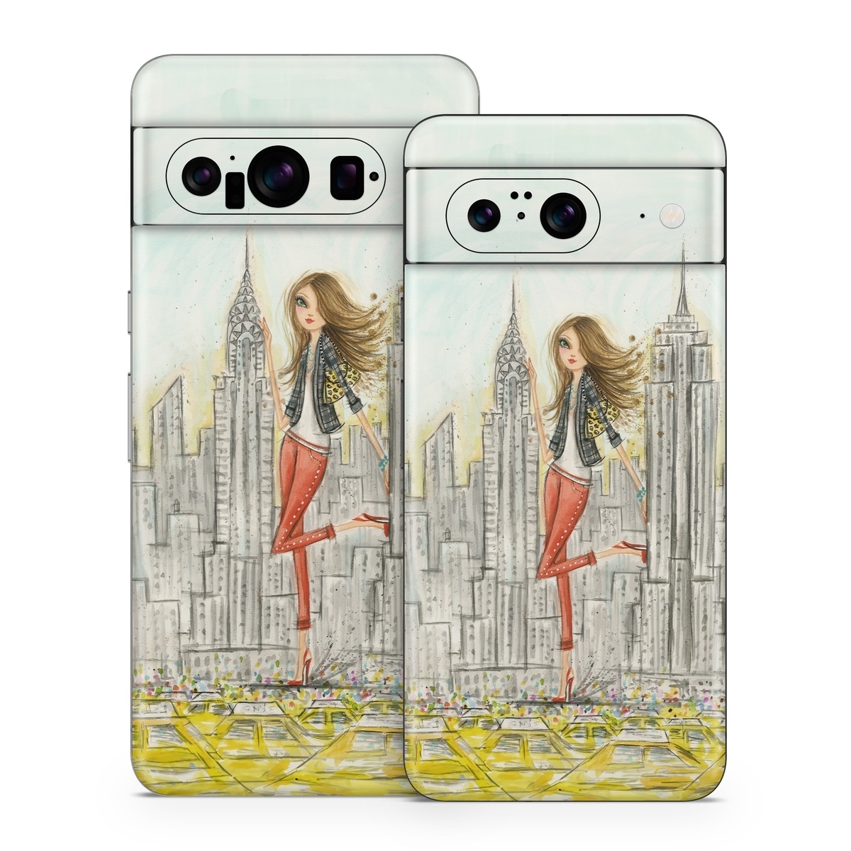 Google Pixel 8 Series Skin design of Human settlement, Fashion illustration, Illustration, City, Art, Architecture, Drawing, Fictional character, with gray, green, black, red colors