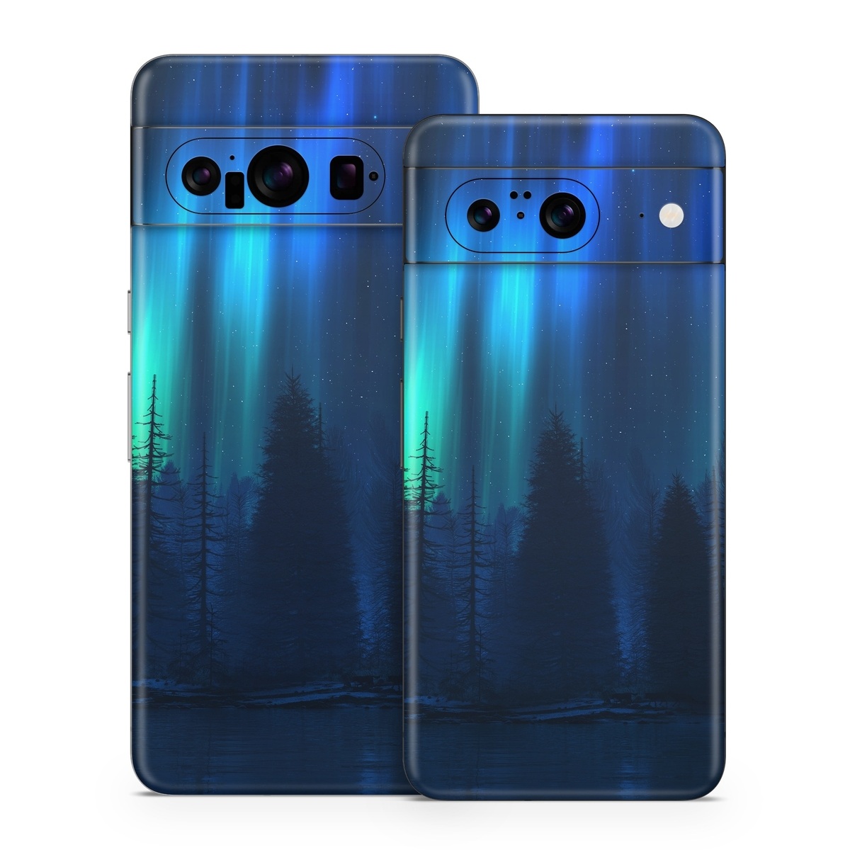 Google Pixel 8 Series Skin design of Blue, Light, Natural environment, Tree, Sky, Forest, Darkness, Aurora, Night, Electric blue, with black, blue colors